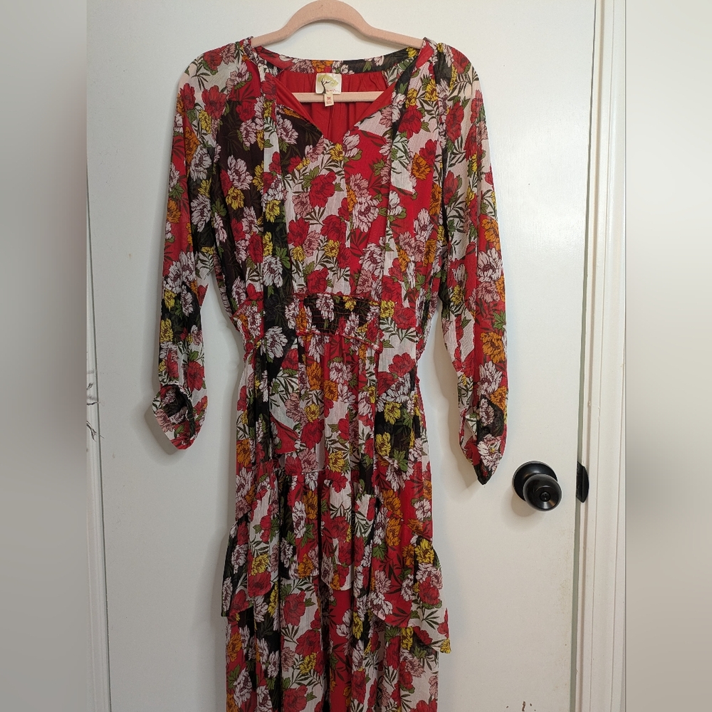 Fig and Flower Red Multicolor Floral Print High Low Long Sleeve Dress